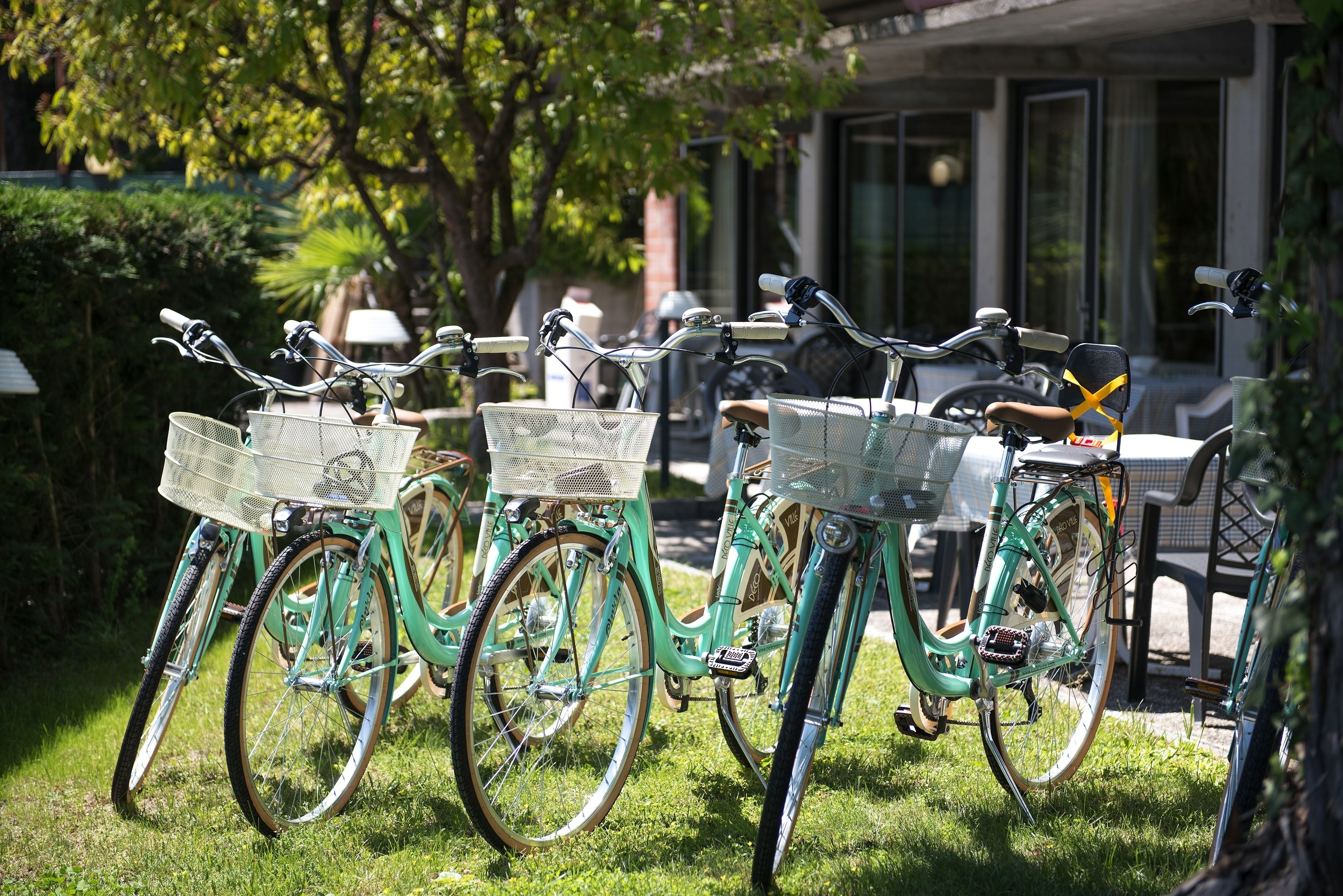 A row of bicycles parked on a grassy area with a building in the background.