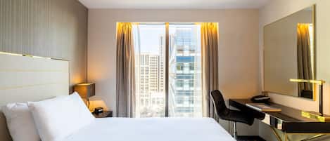 Hypo-allergenic bedding, in-room safe, desk, soundproofing