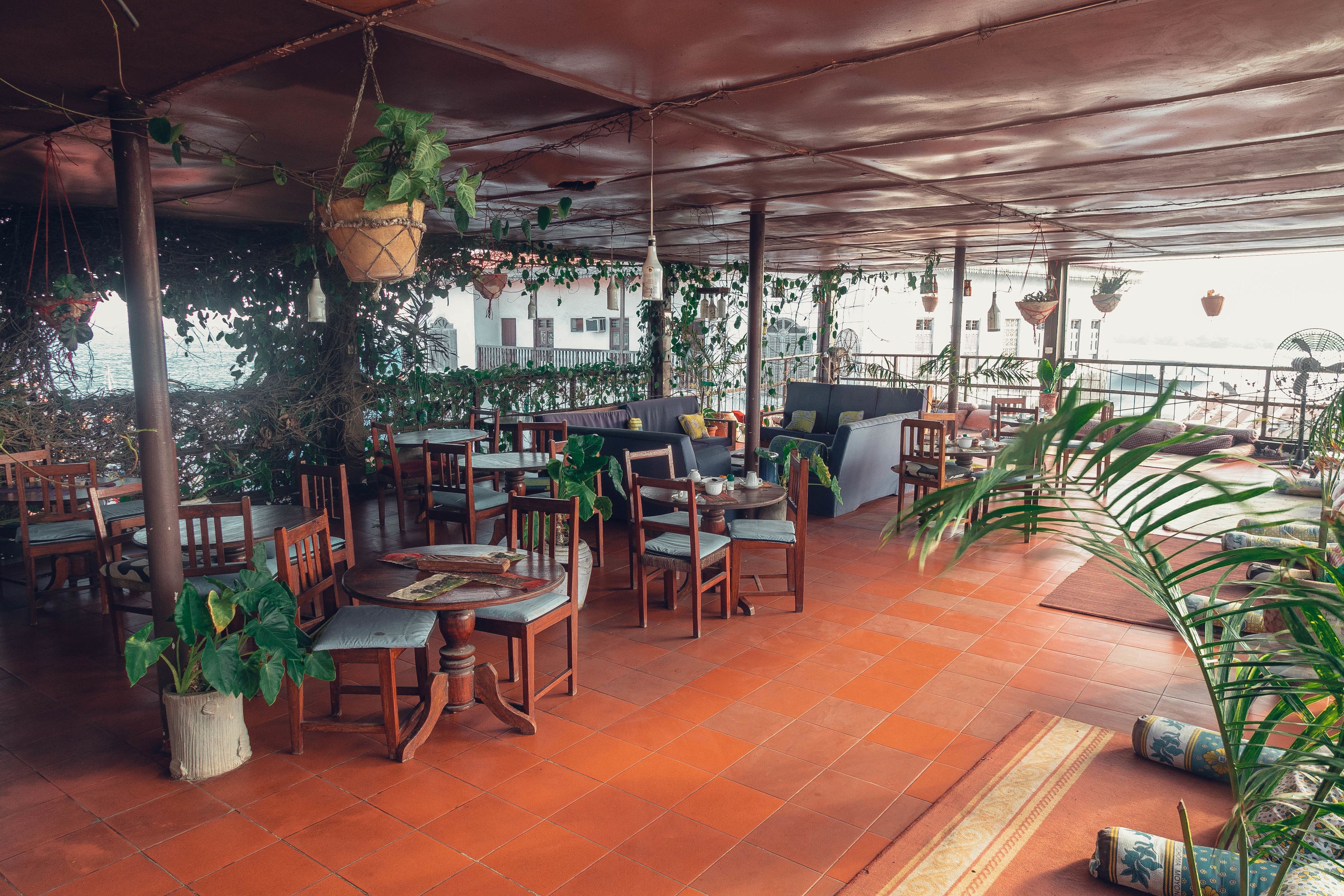 An outdoor patio area with wooden tables and chairs, potted plants, and a view of the sea.