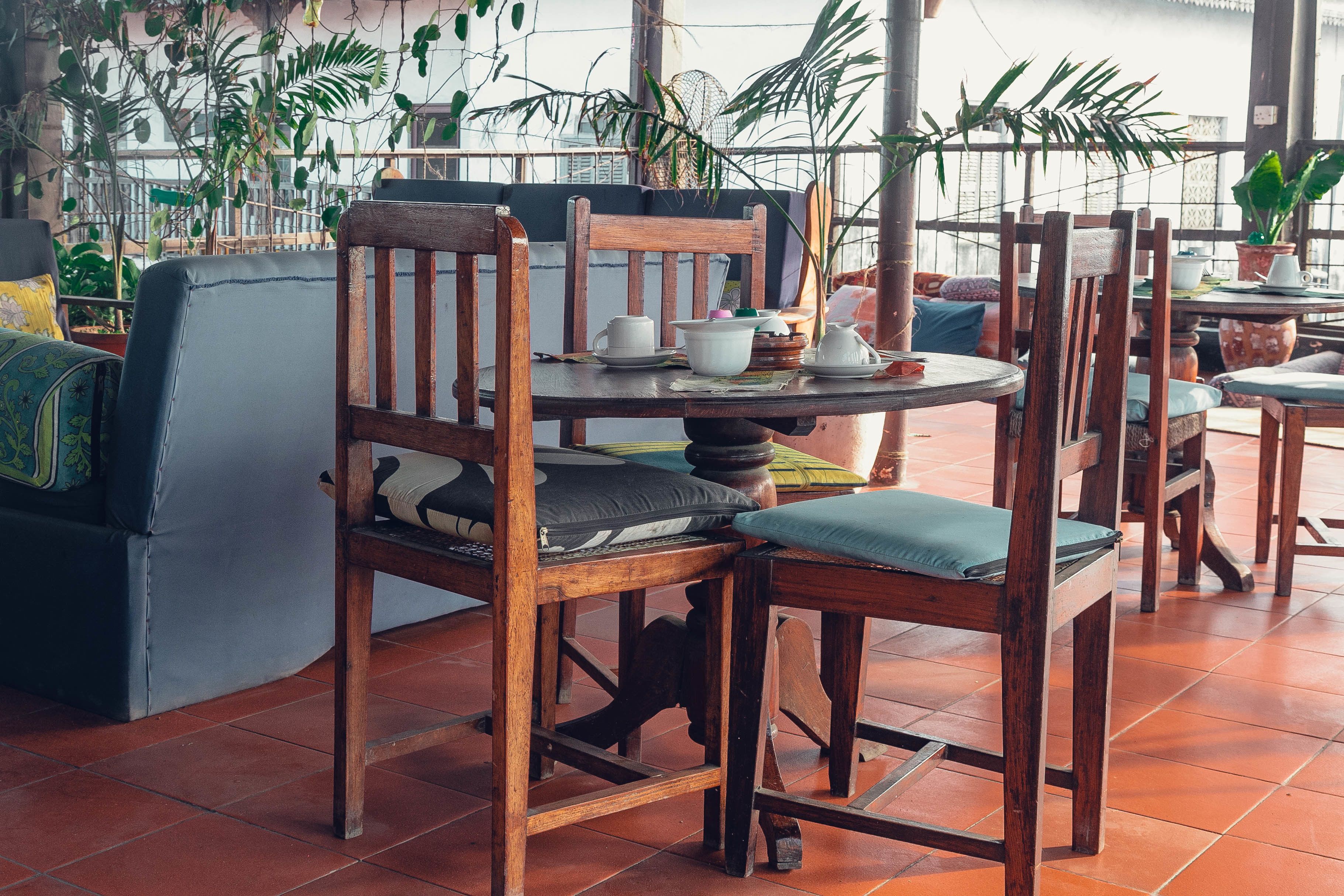 A cozy indoor seating area with wooden chairs and tables, surrounded by potted plants.