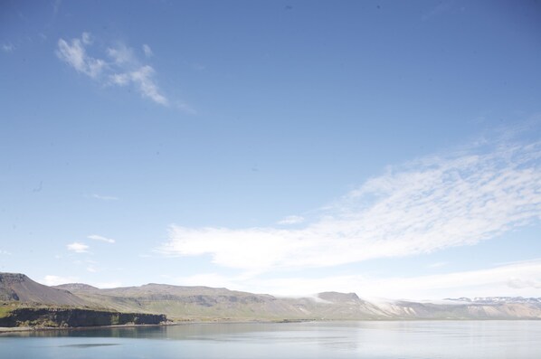 Un lago tranquilo con montañas al fondo y un cielo despejado.