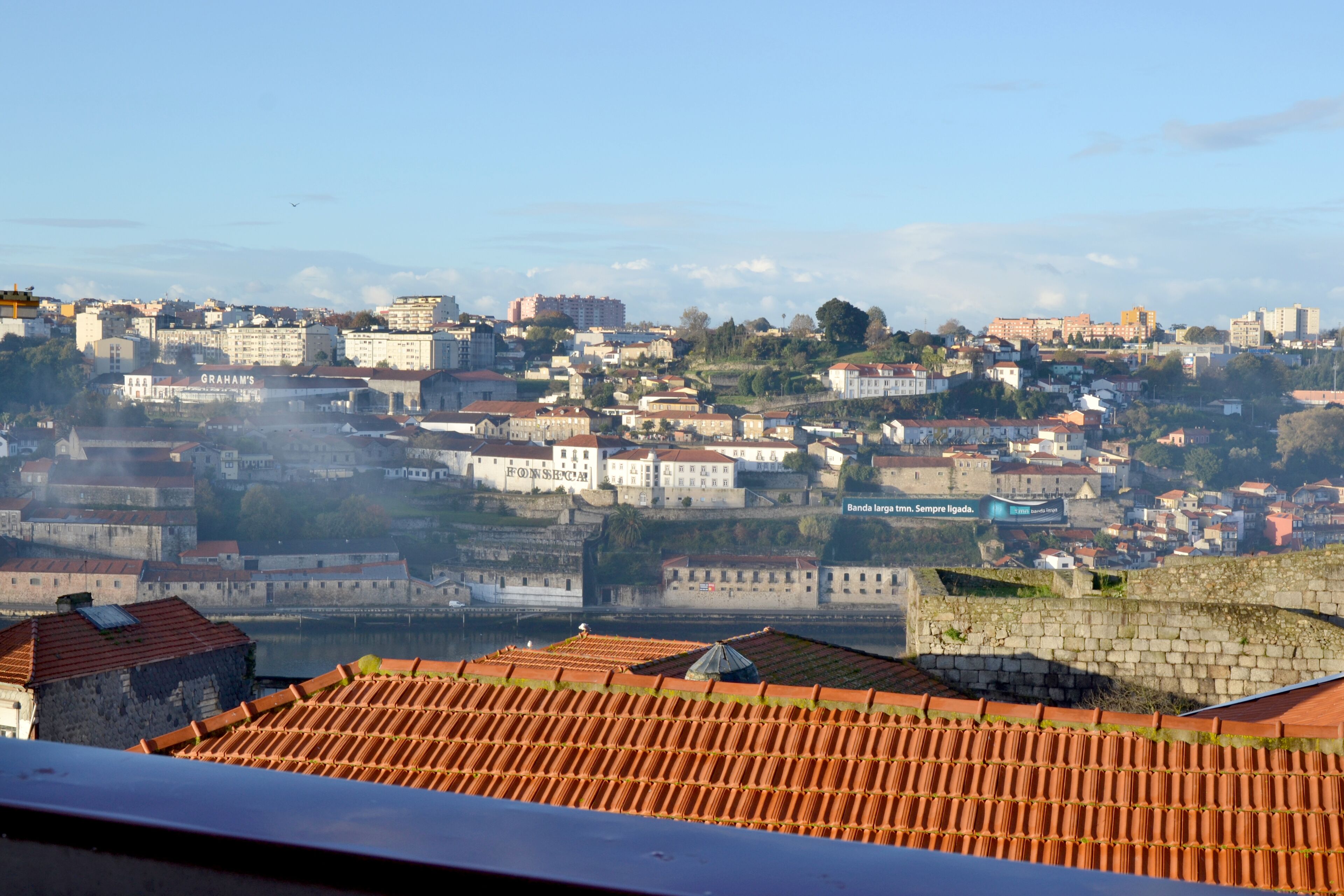A cityscape with historic buildings, a river, and a prominent fortification.