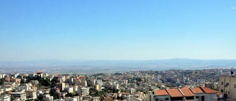 Un paisaje urbano con vistas a montañas distantes y cielo despejado.