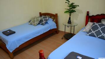 Dos camas individuales con ropa de cama azul, una pequeña mesa redonda con una planta y una silla roja.