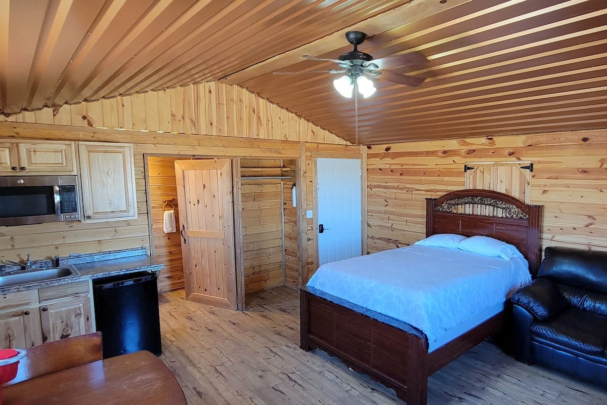 En stuga med träpanel på insidan, inredd med en säng, en svart lädersoffa, en mikrovågsugn och ett handfat.