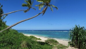 A beach with palm trees and clear blue water. - Teukava Beach Oasis (Ha'atafu)