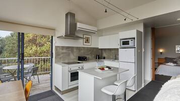 Full-sized fridge, microwave, oven, stovetop