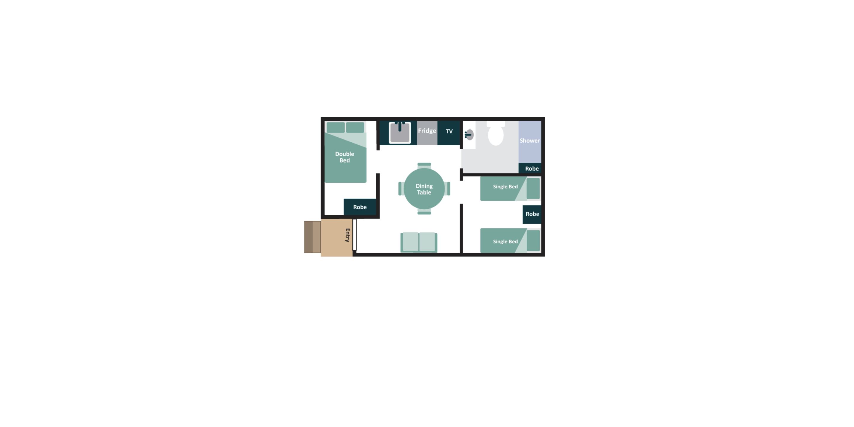 A hotel room layout with a dining table, double bed, single bed, robe, shower, and TV.