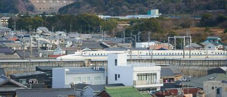 A residential area with traditional and modern buildings, a train, and a hilly backdrop.