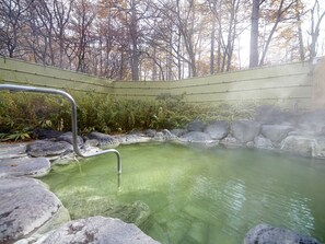 Un manantial termal rodeado de rocas y árboles.
