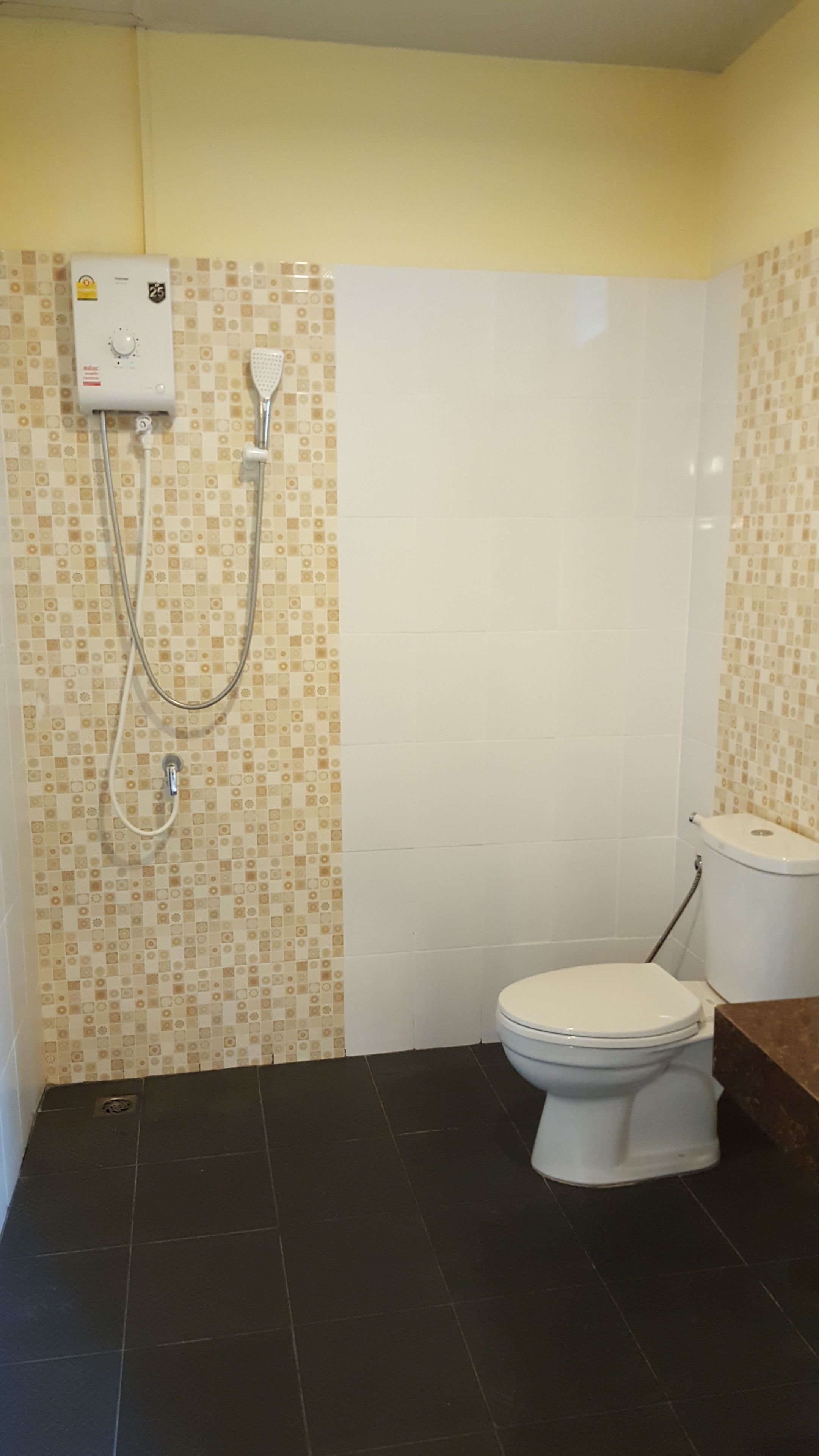Un baño con inodoro, ducha y pared con azulejos.