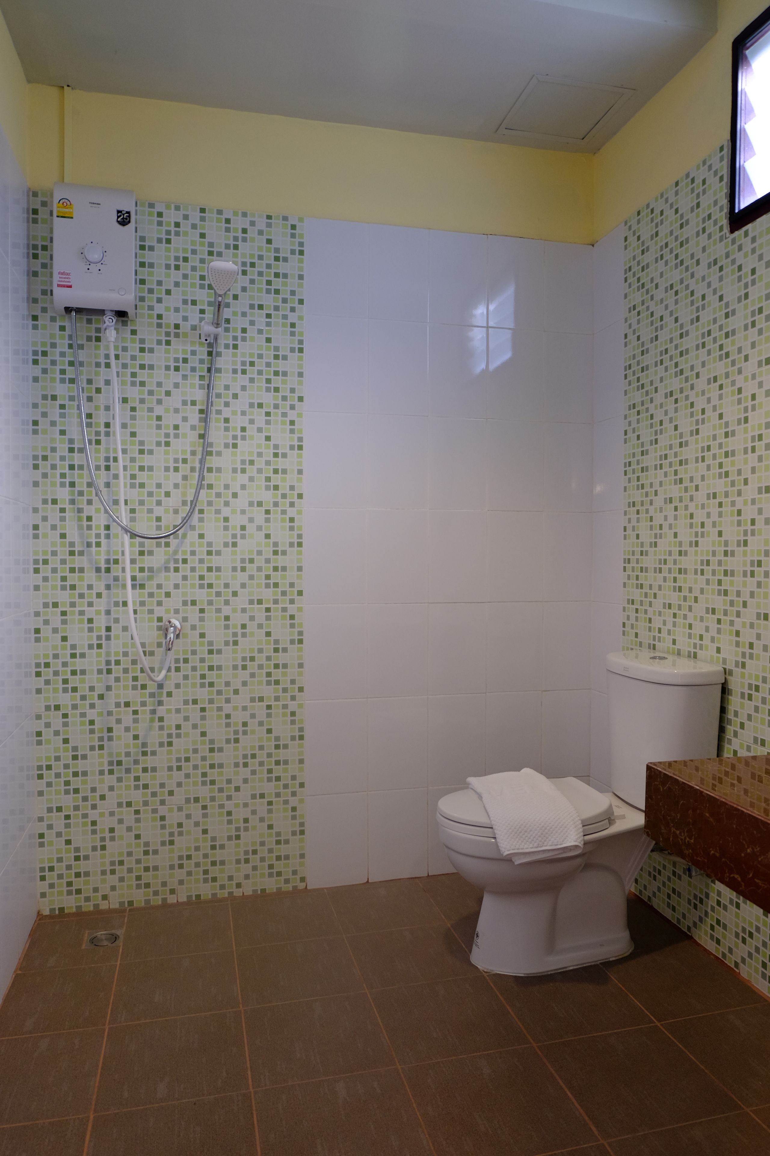 A bathroom with a toilet, a shower, and a tiled wall.