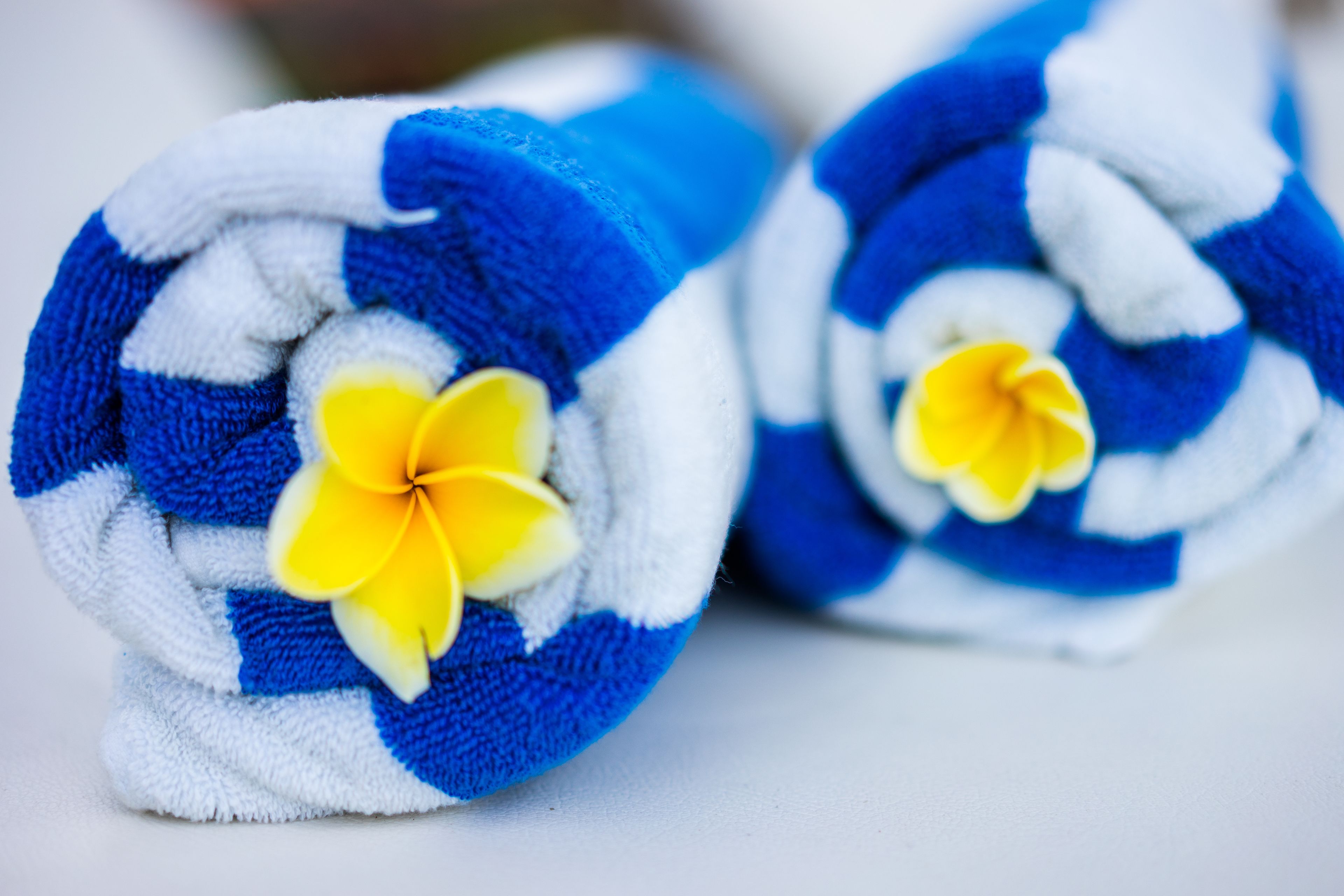 Two rolled towels with blue and white stripes and yellow flowers.