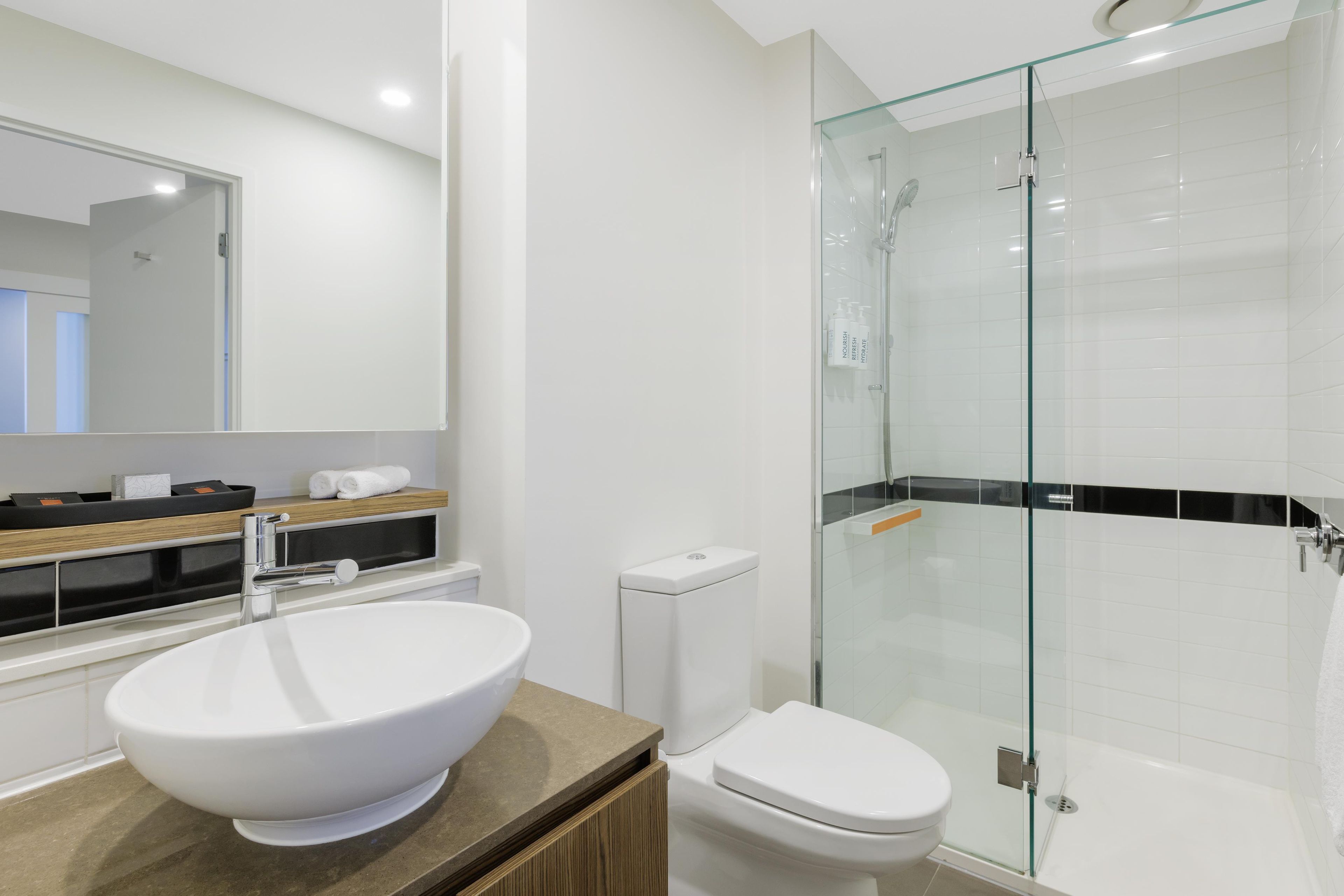 A modern bathroom with a large white sink, a toilet, and a glass-enclosed shower area.