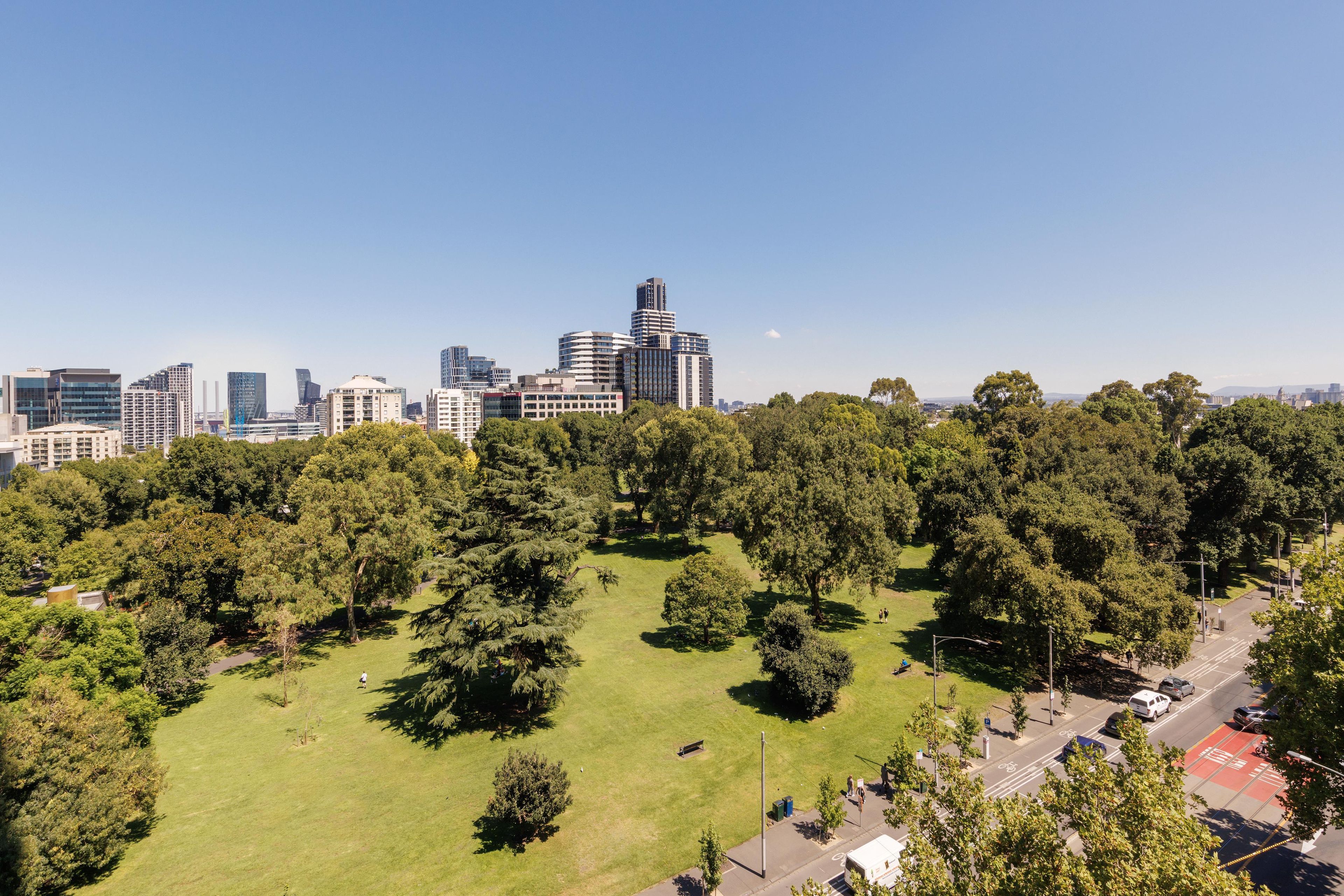 A park with a city skyline in the background.