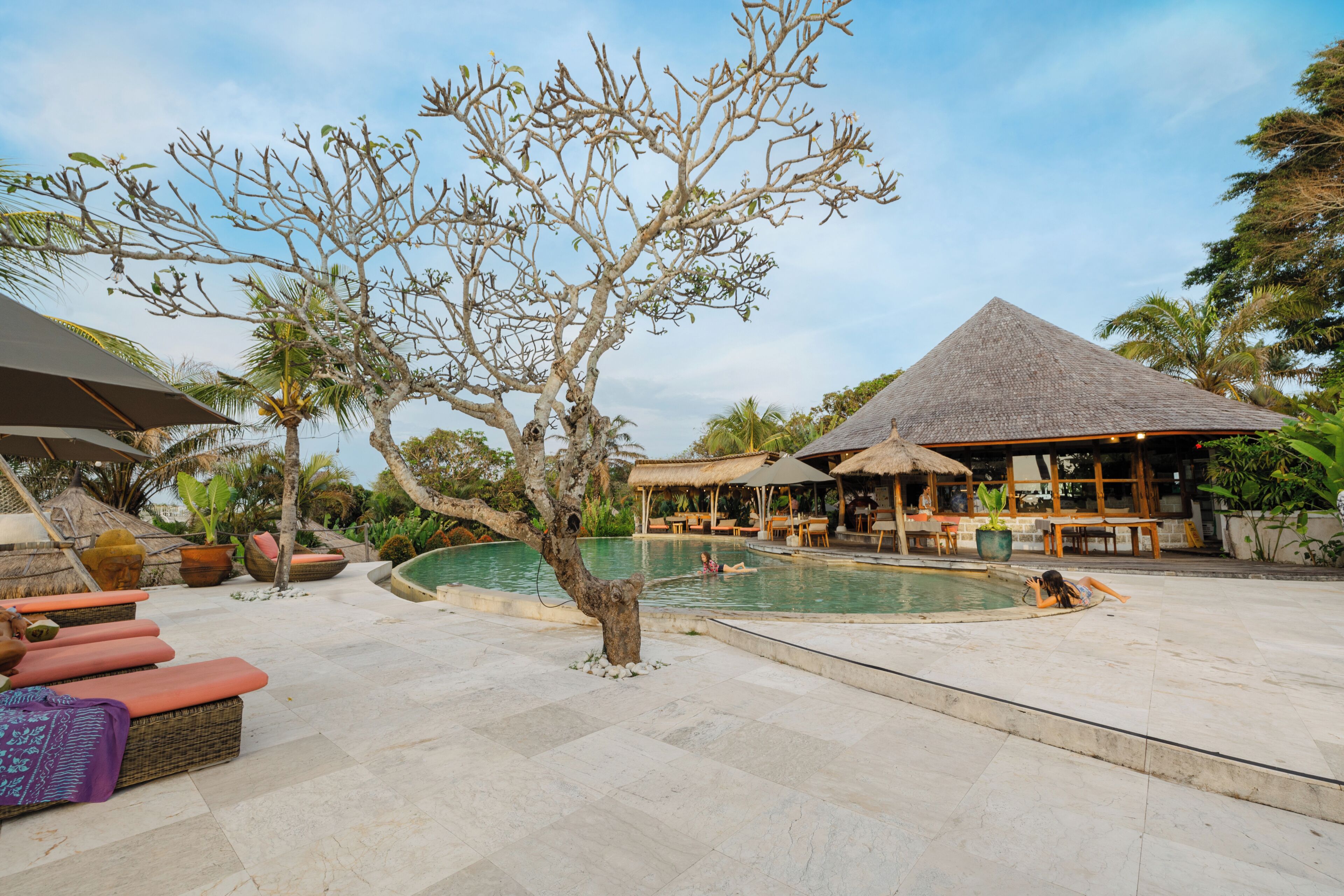 A pool area with lounge chairs, a tree, and a building with a thatched roof.