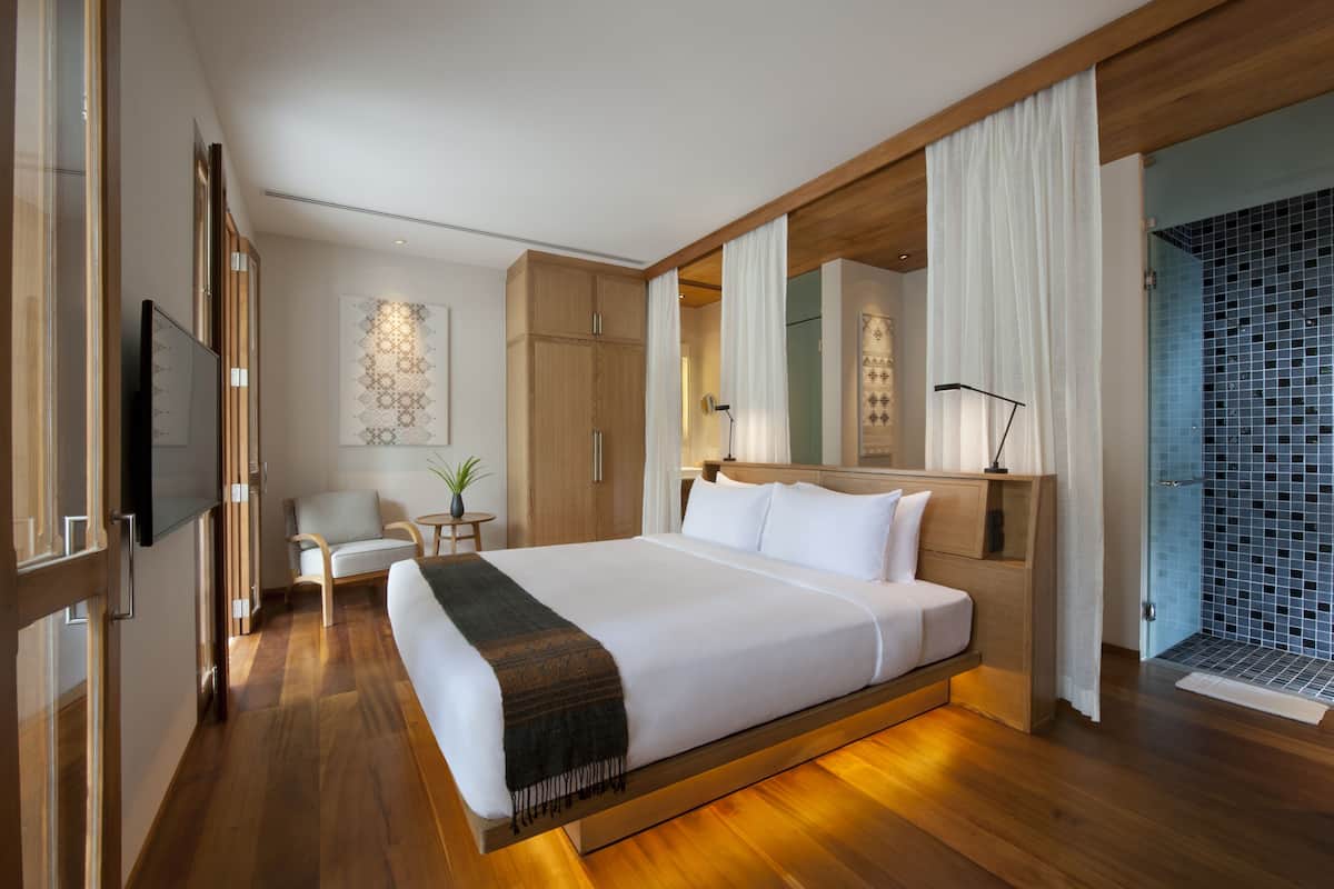 Une chambre d’hôtel moderne dotée d’un grand lit, d’un plancher en bois, d’une télévision, d’une chaise et d’un espace douche.