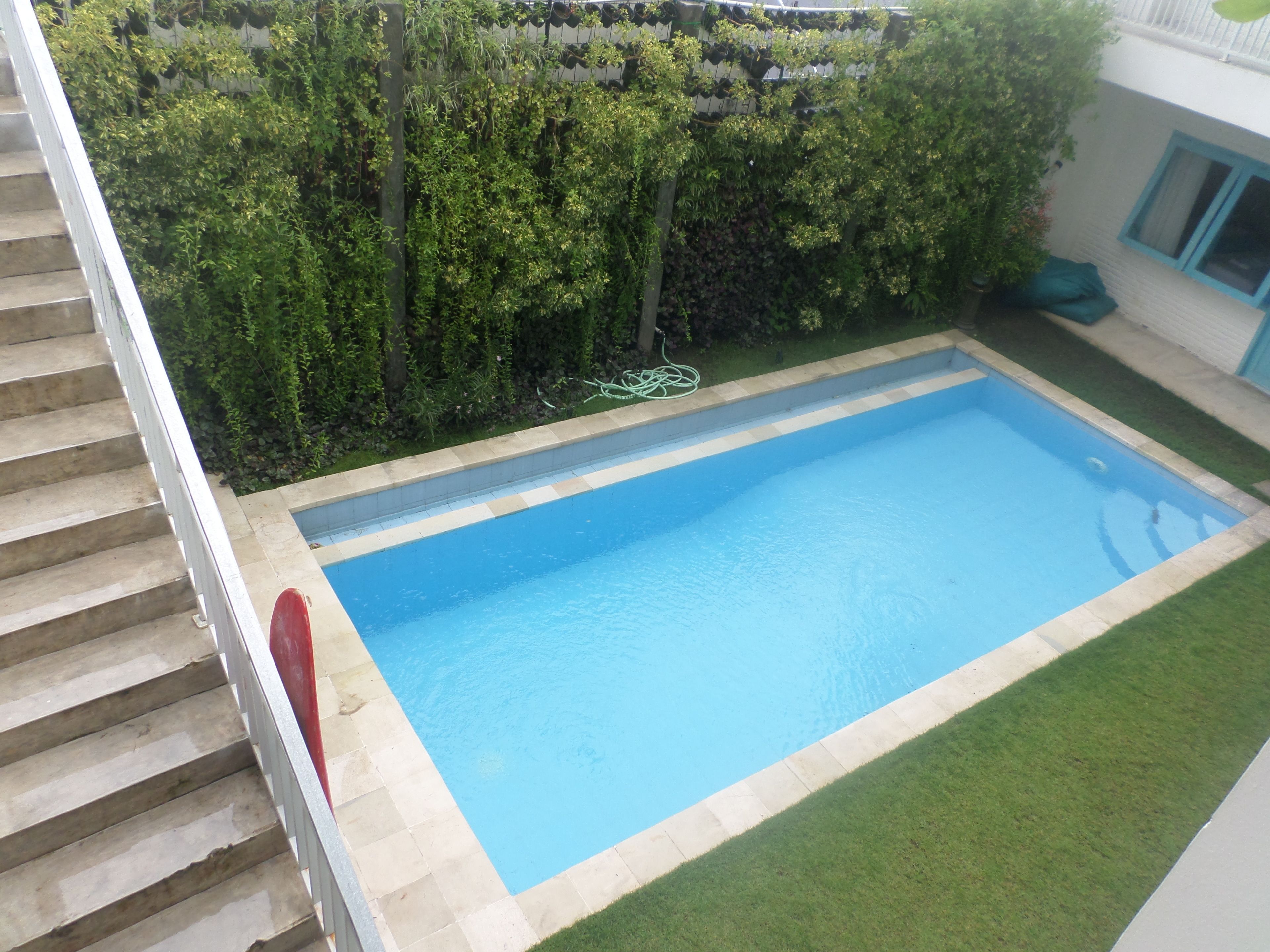 A rectangular swimming pool with a tiled edge, surrounded by a grassy area and a hedge.