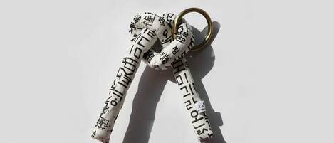 A key with a metal ring and a white background.