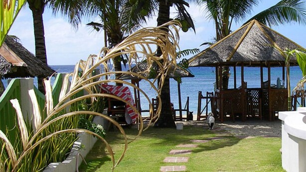 Un patio frente a la playa con un mirador de techo de paja, palmeras y vista al océano.