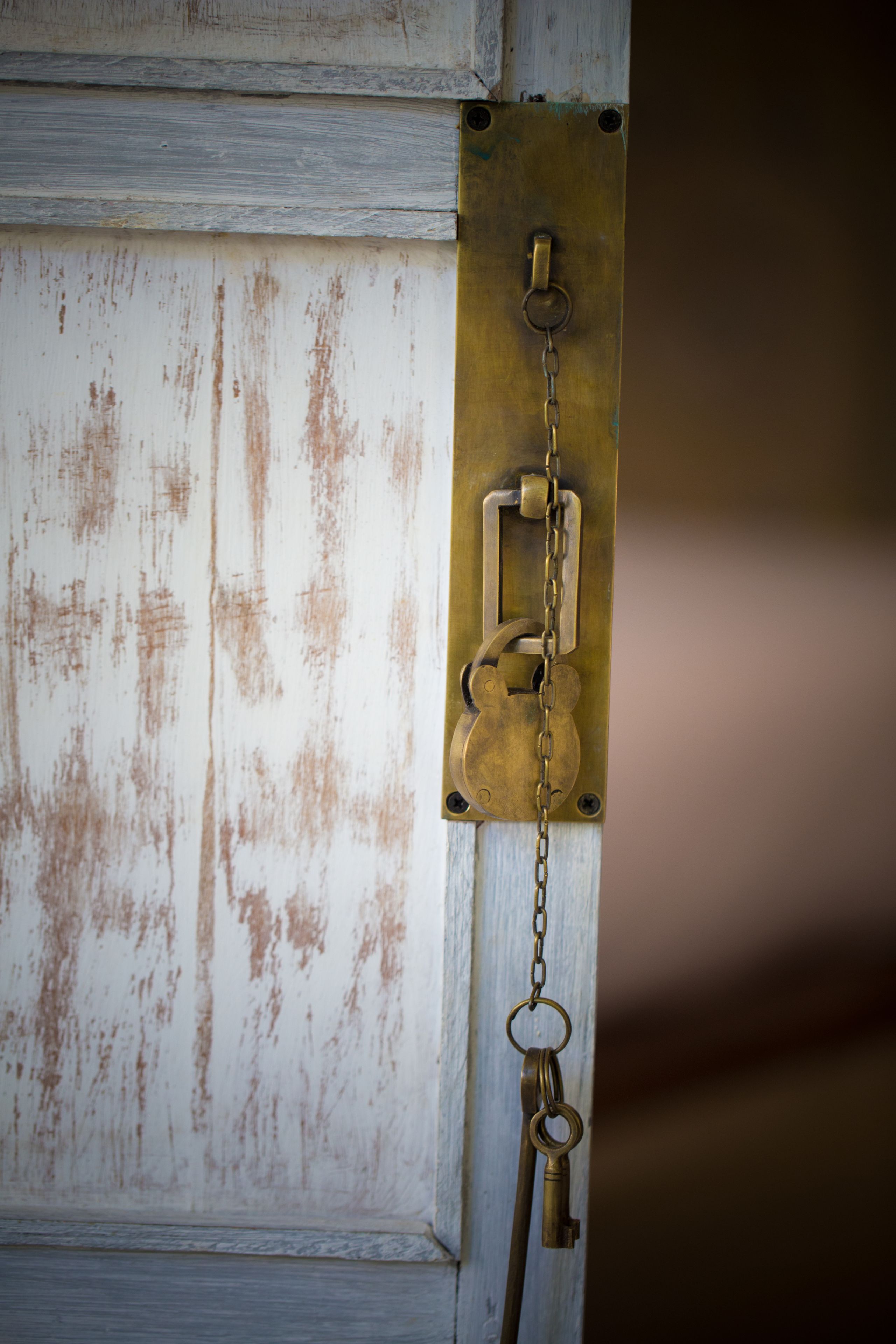 A weathered door with a brass padlock and chain.
