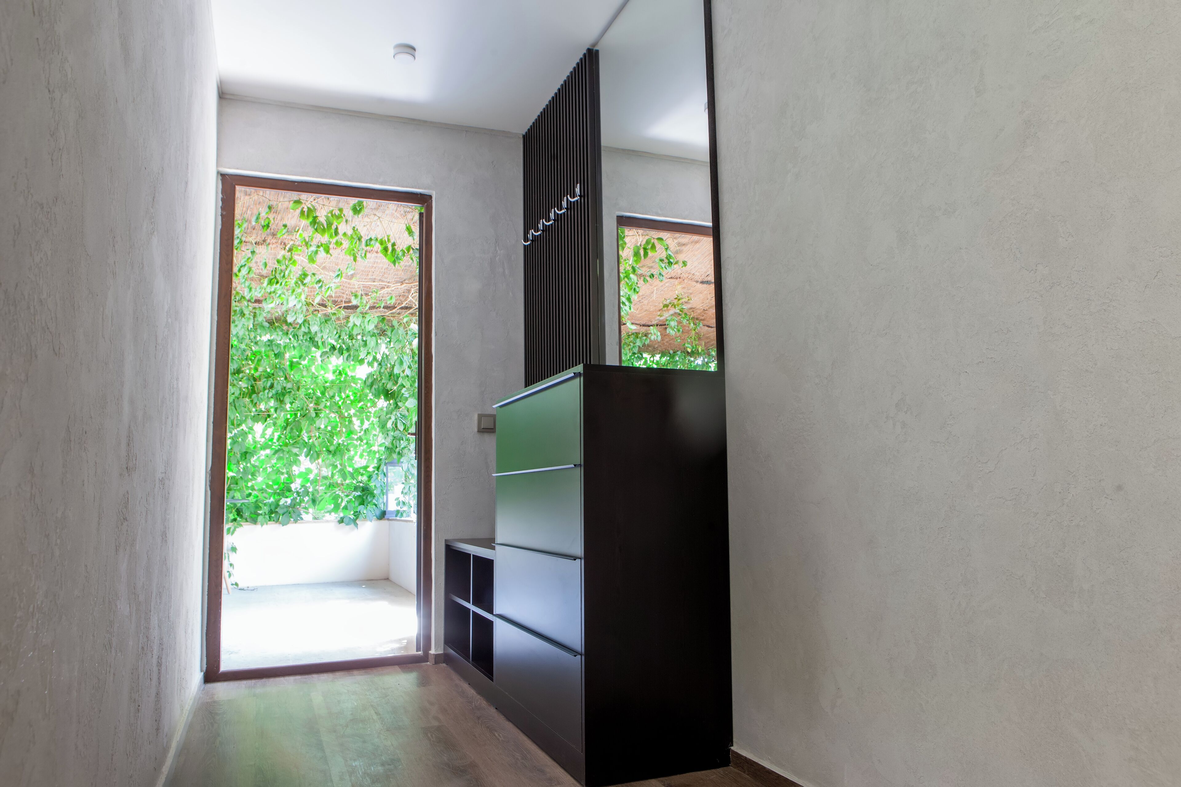 A narrow hallway with a wooden floor, a black storage unit with multiple shelves, and a door leading to a balcony with greenery.