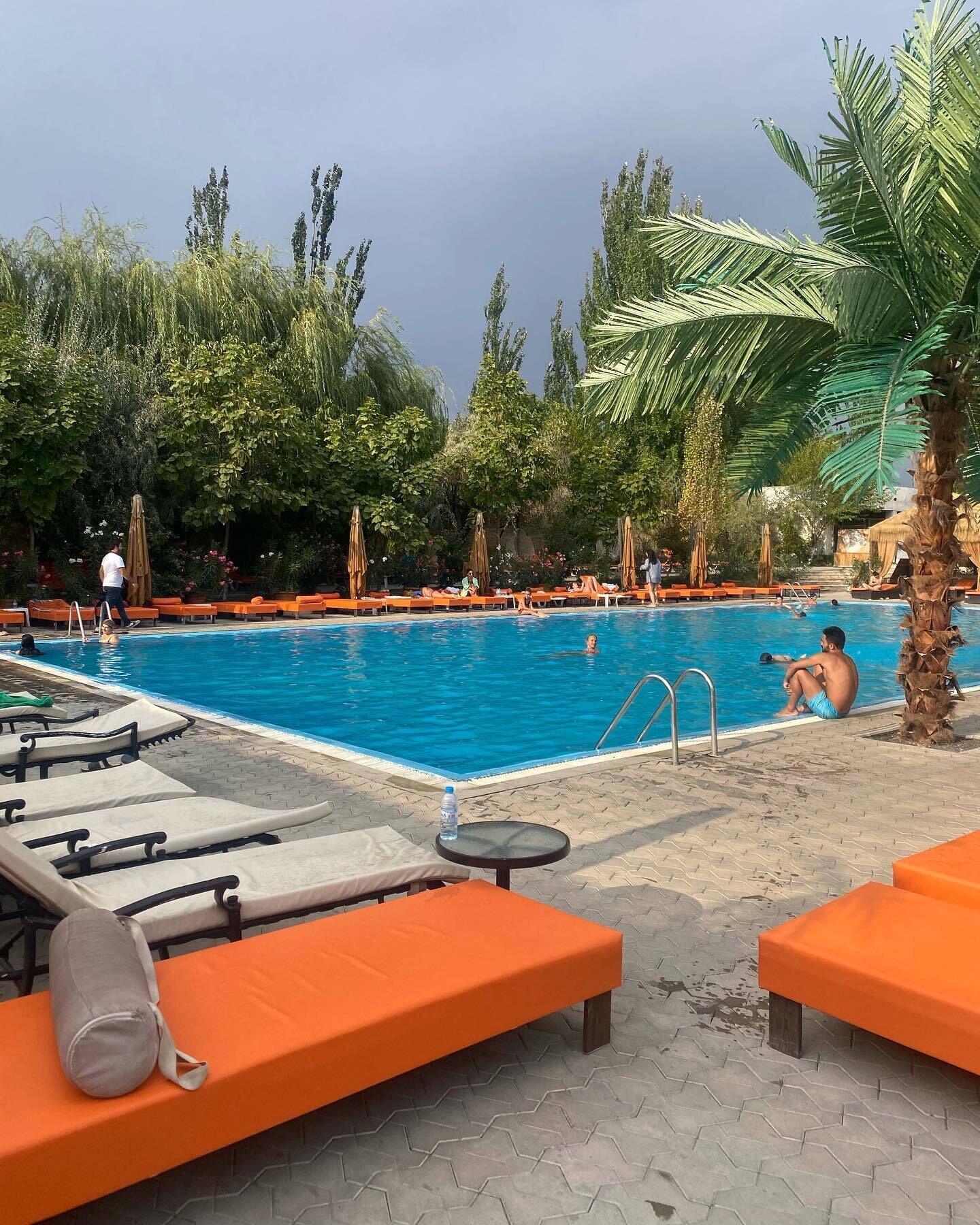 A pool area with lounge chairs and a swimming pool surrounded by greenery.