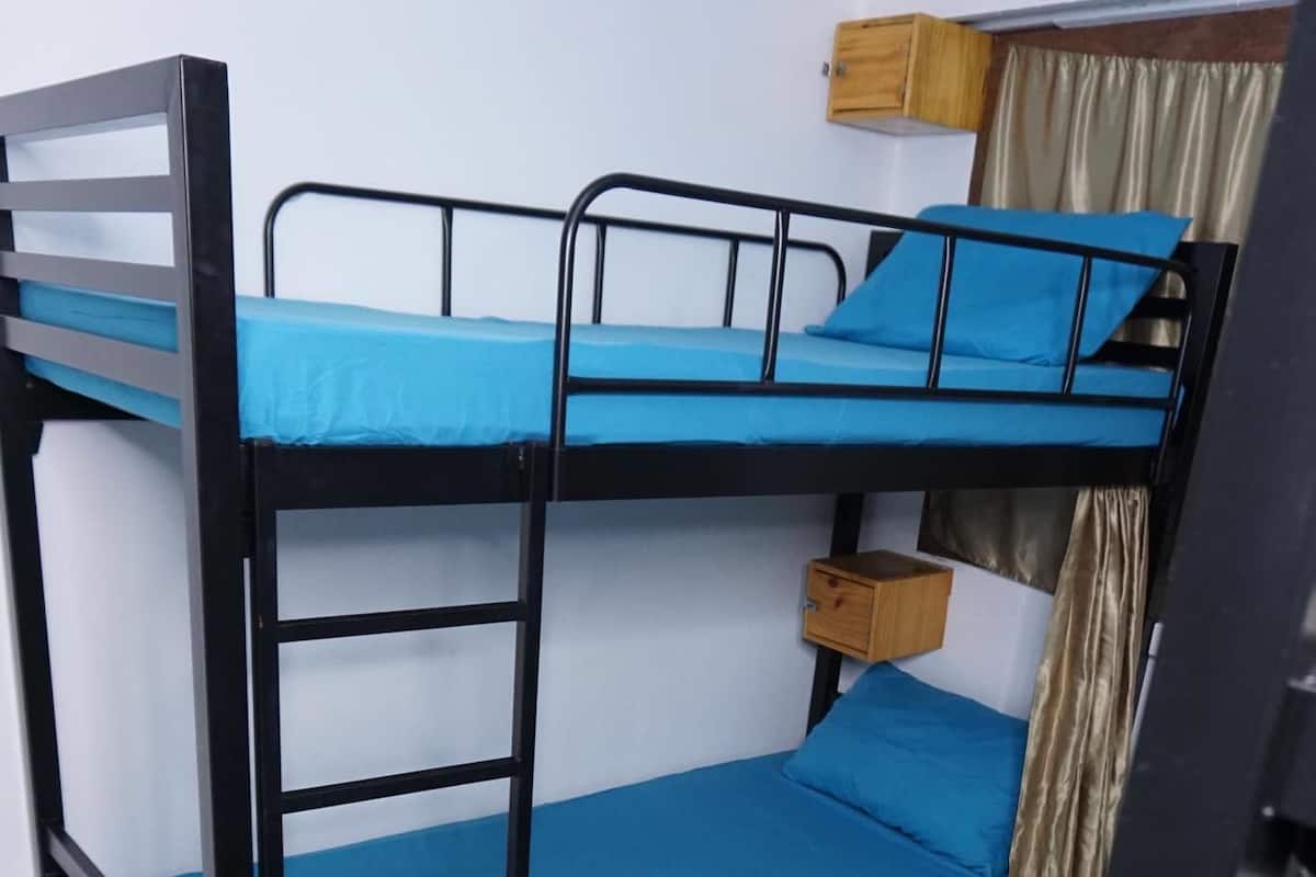 A bunk bed with a ladder, a small wooden cabinet, and a curtain.