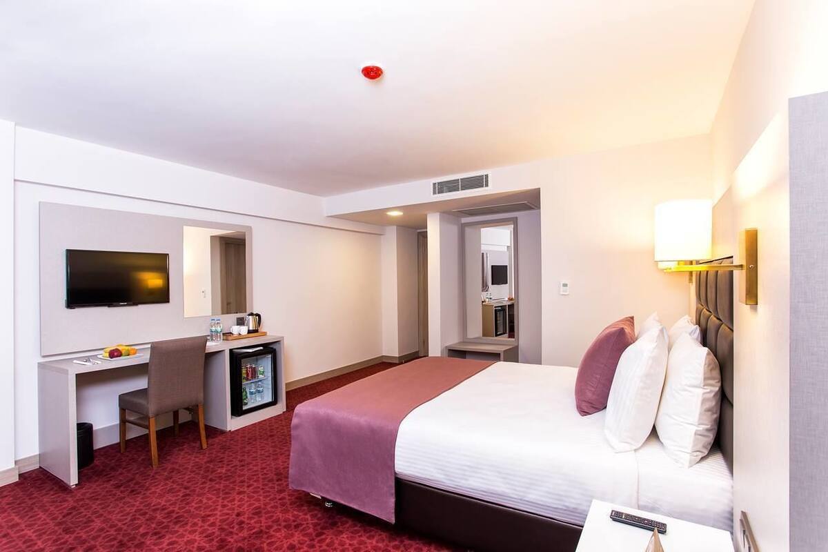 Une chambre d’hôtel équipée d’un lit, d’un bureau avec une télévision, d’un mini-réfrigérateur et d’un miroir.