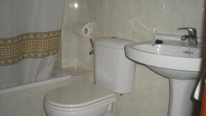 A bathroom with a toilet, a sink, and a shower area.
