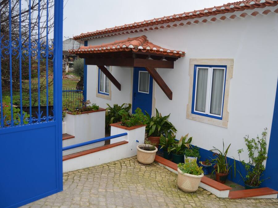Una casa con una porta blu e finestre, un tetto in tegole e piante in vaso intorno all'ingresso.