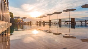 Seasonal outdoor pool, pool umbrellas, sun loungers