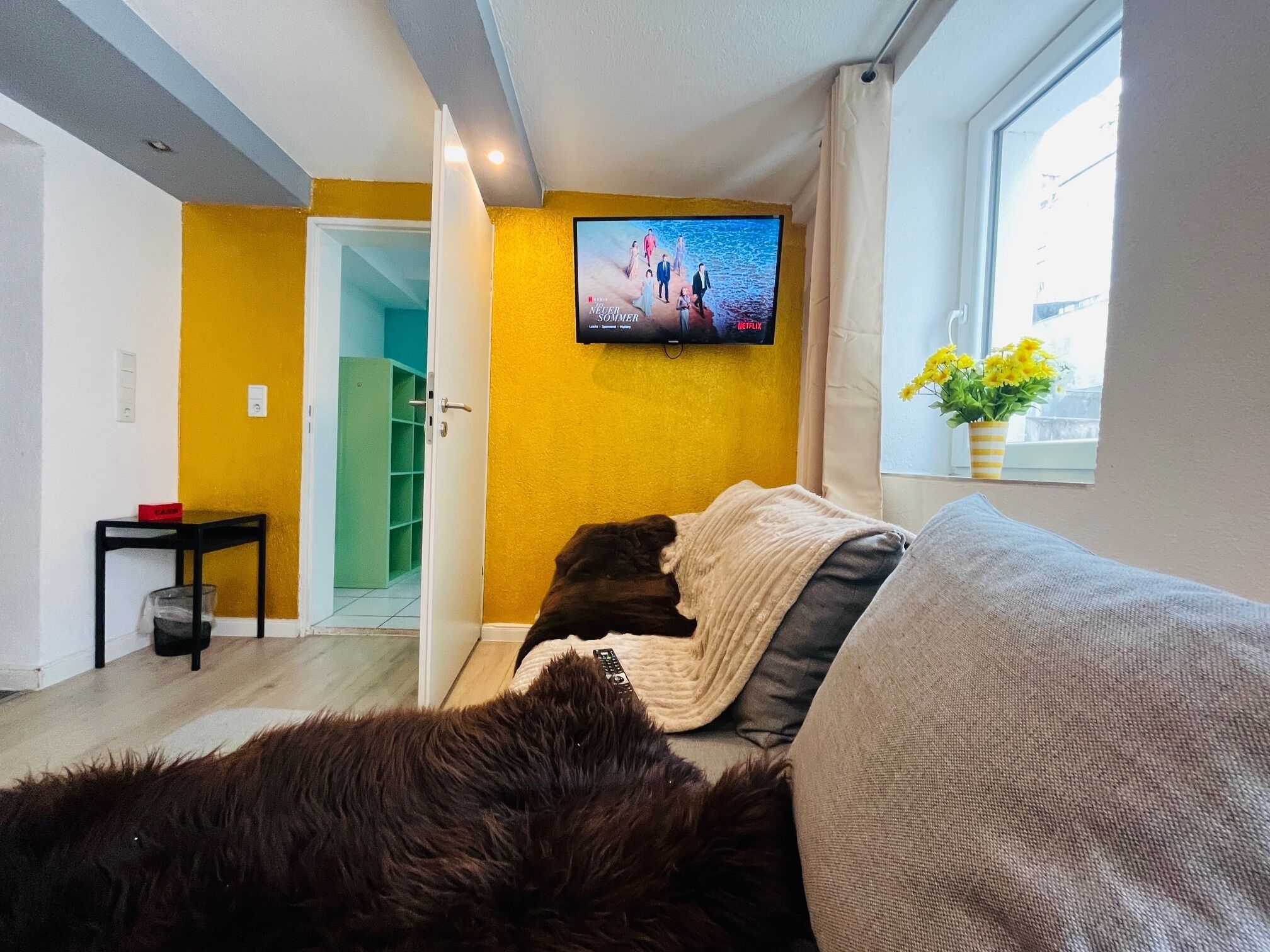 Una sala de estar acogedora con un sofá, un televisor instalado en la pared y una ventana con vistas al exterior.