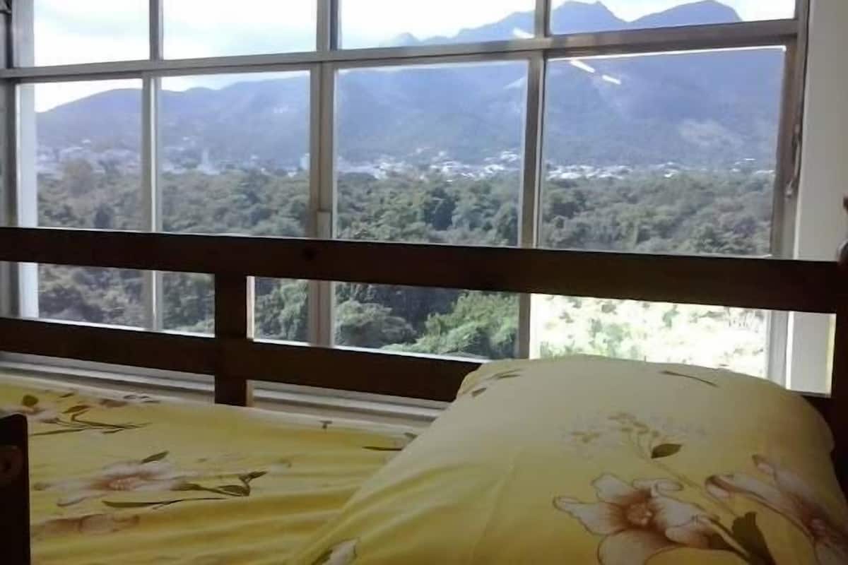 Ein Zimmer mit Bett, Fenster und Blick auf die Berge sowie ein Holzkopfstück.