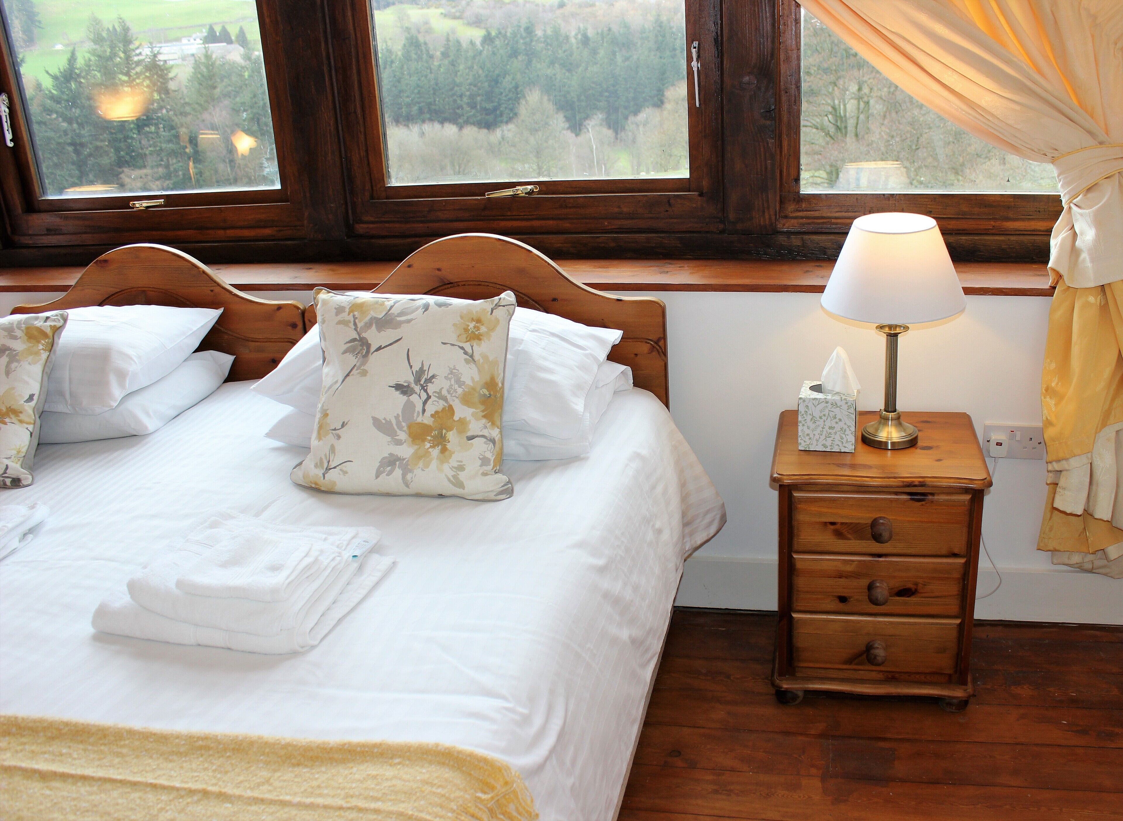 A neatly made bed with floral pillows, a bedside lamp, and a wooden nightstand with a tissue box.