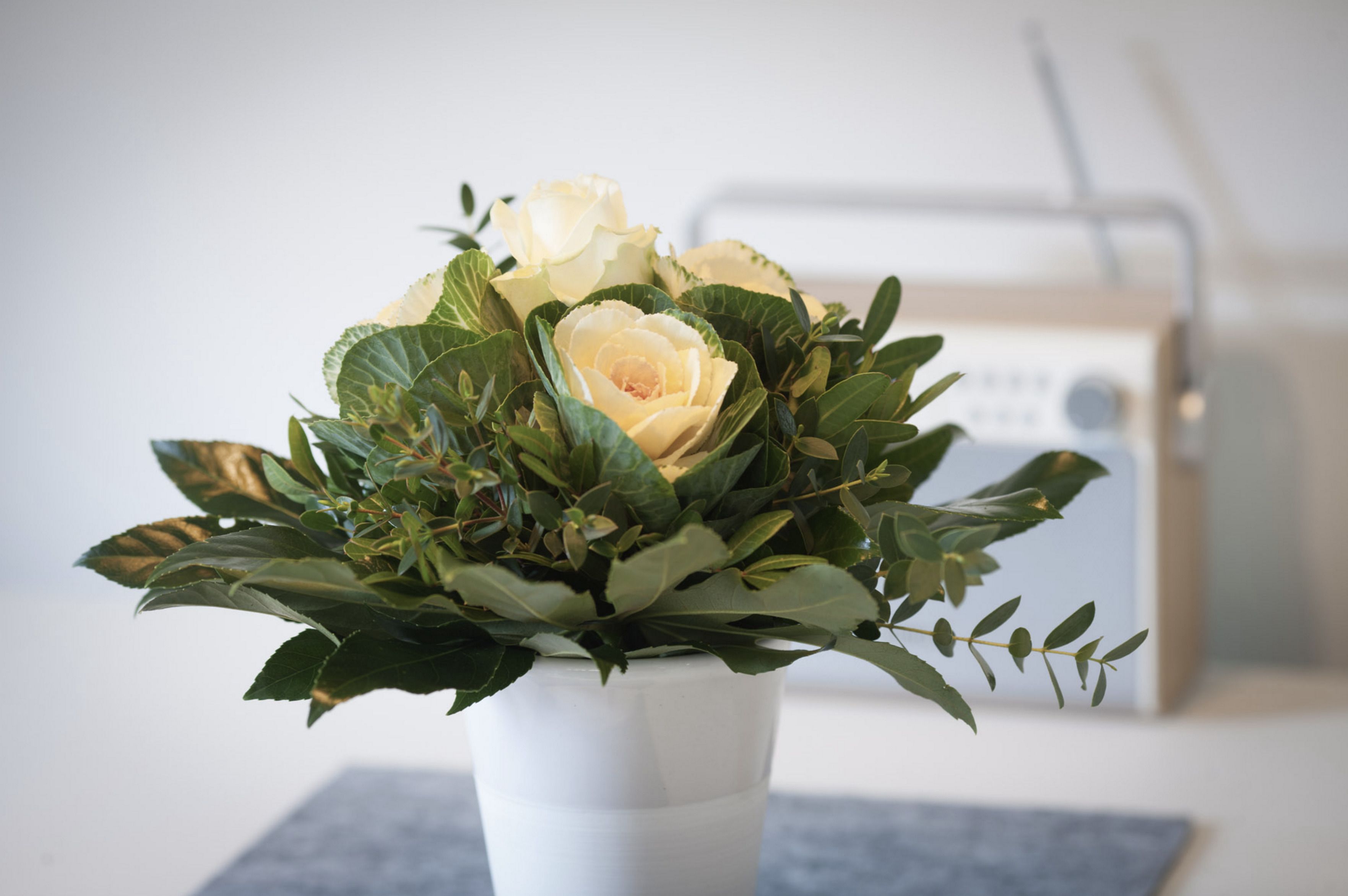 A white vase with a bouquet of white roses and green foliage.