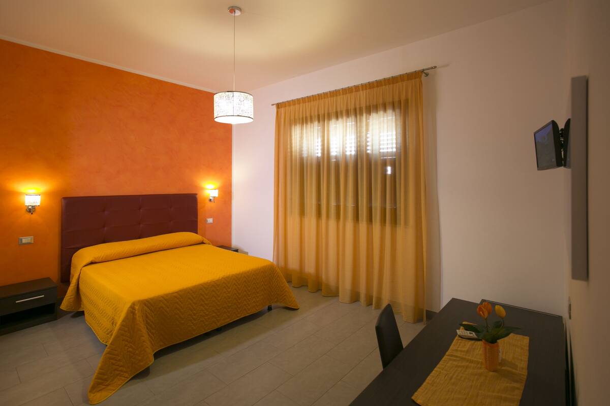 Habitación de hotel con una cama, un escritorio con una silla, una mesa con un florero y un televisor montado en la pared.