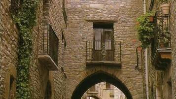 Un estrecho callejón adoquinado con un arco, flanqueado por edificios de paredes de piedra y plantas en macetas.