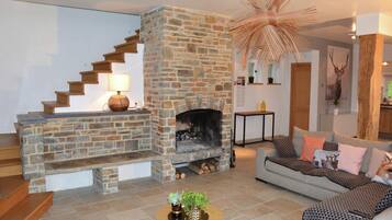 TV, fireplace, DVD player, foosball