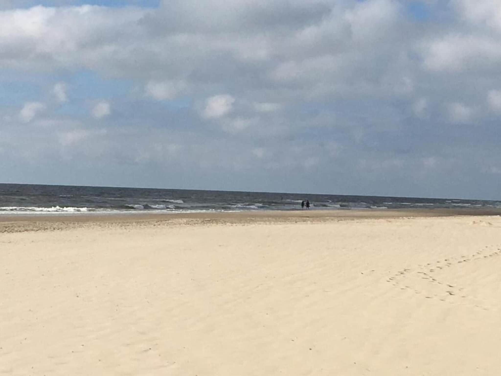 Une plage avec une vaste étendue de sable et l’océan en toile de fond.