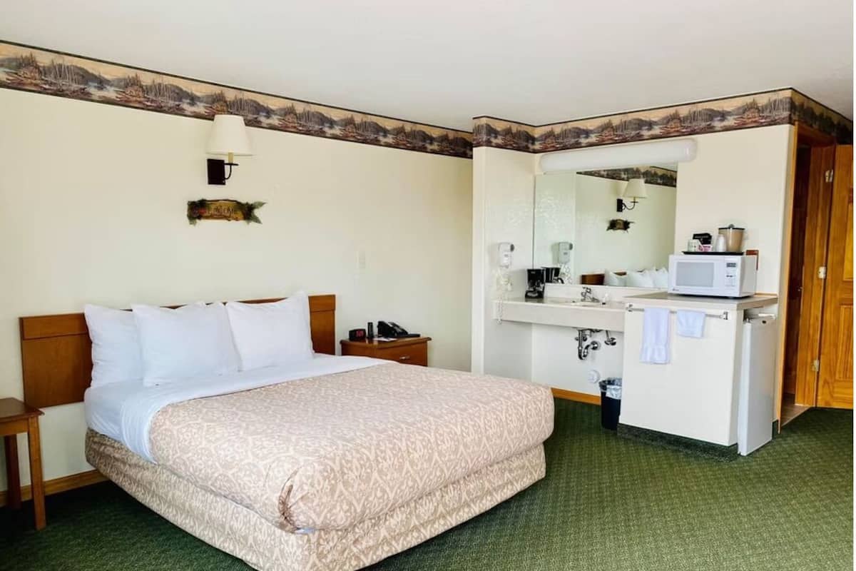 Une chambre d’hôtel équipée d’un lit, d’une table de chevet, d’une lampe, d’un miroir et d’un coin cuisine avec un four à micro-ondes.