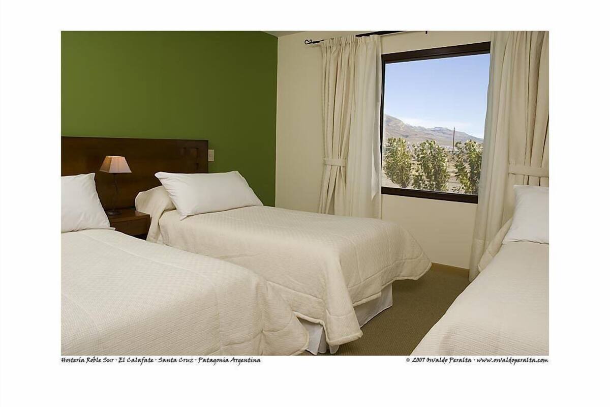 Una habitación de hotel con dos camas, una mesita de noche con lámpara y una ventana con cortinas.