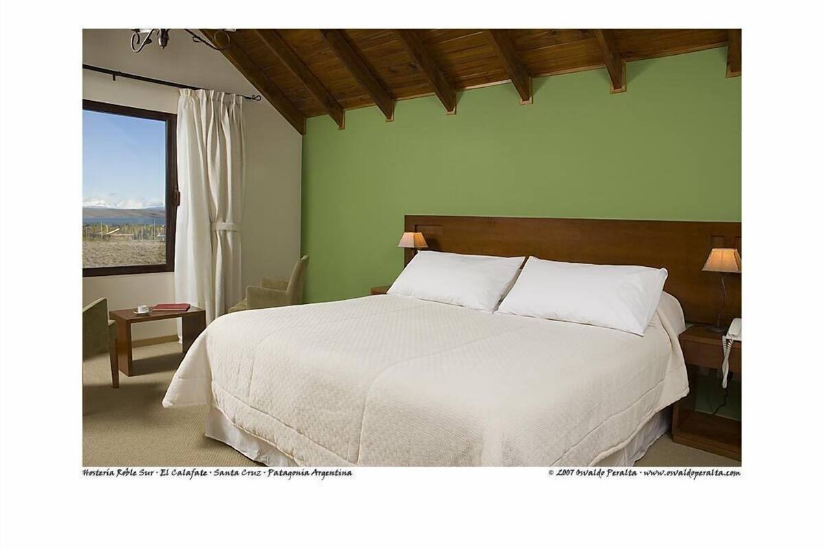 Habitación de hotel con una cama grande, cabecera de madera, mesita de noche, lámpara, silla, ventana con cortinas y vistas al exterior.