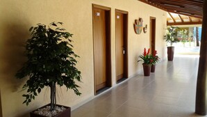 A hallway with a large potted plant, wooden doors, and a tiled floor. - Pousada Recanto Solar dos Passaros (Olímpia)