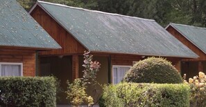 A row of log cabins with green metal roofs, surrounded by well-maintained hedges and a small tree. - Los Charitos (El Calafate)