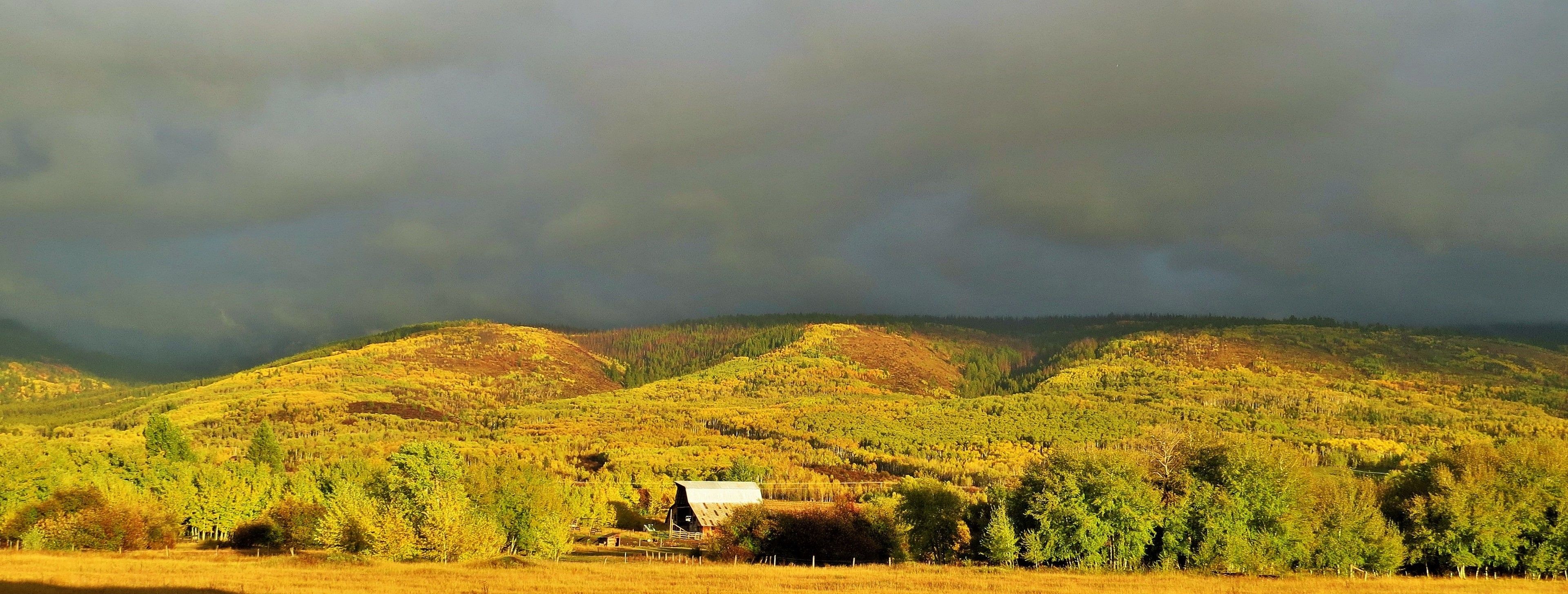 Paisaje rural con colinas ondulantes, una casa pequeña y una cerca.