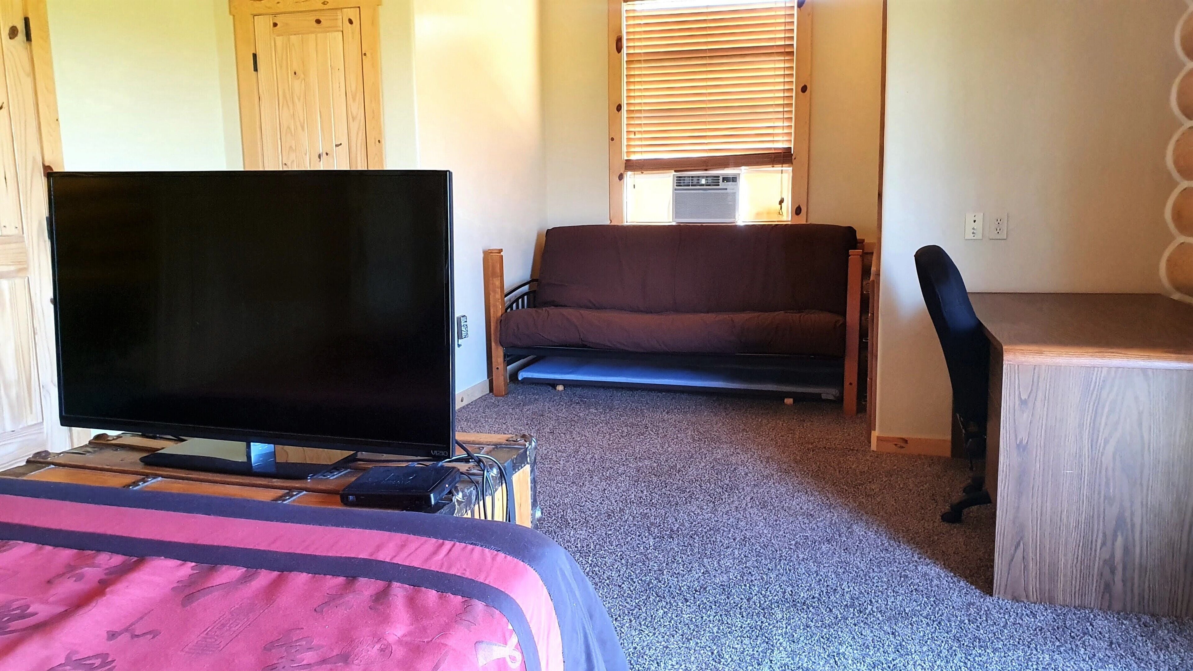 A room with a bed, a TV, a sofa, and a desk.