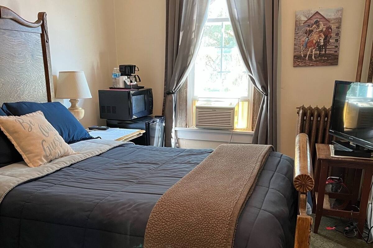 A hotel room with a bed, a desk with a computer, a television, a radiator, and a window with curtains.