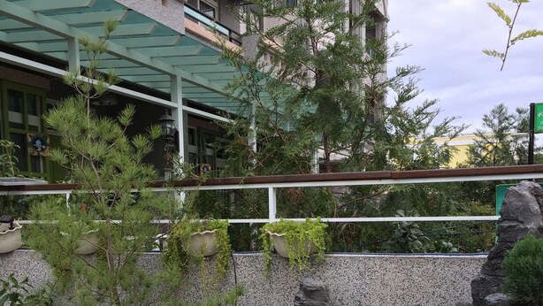 A rooftop garden with potted plants, a small waterfall, and a stone wall. - 3520 B&B (Taitung)