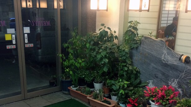 A hotel entrance with glass doors, potted plants, and traditional Japanese decor.